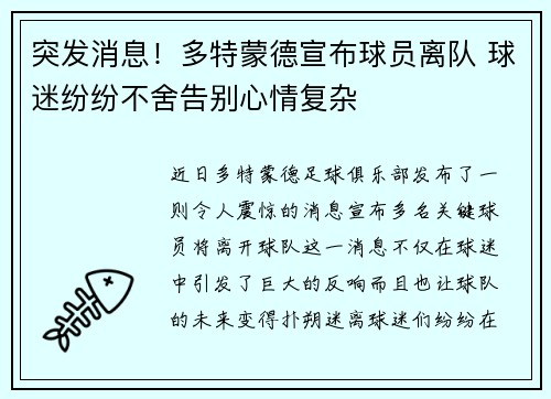 突发消息！多特蒙德宣布球员离队 球迷纷纷不舍告别心情复杂