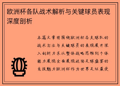 欧洲杯各队战术解析与关键球员表现深度剖析